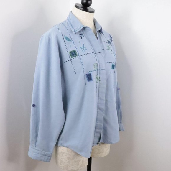 Napa Valley Petites Women's M Blue Embroidered Leaf Button-Up Roll-Tab Shirt - Picture 2 of 9